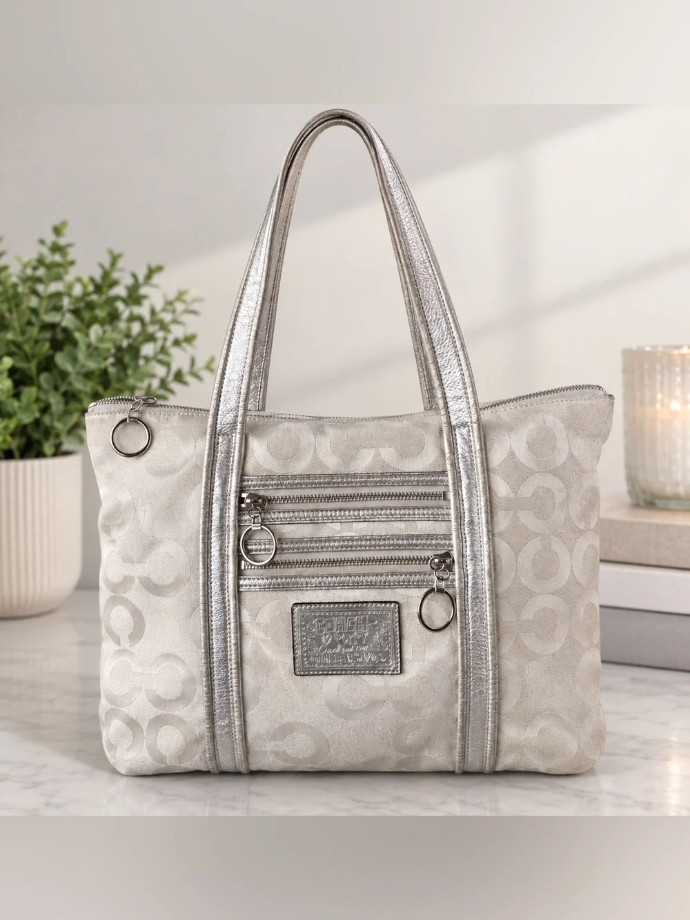 Coach Poppy “Glam” Silver Logo Jacquard Tote with Metallic Accents
